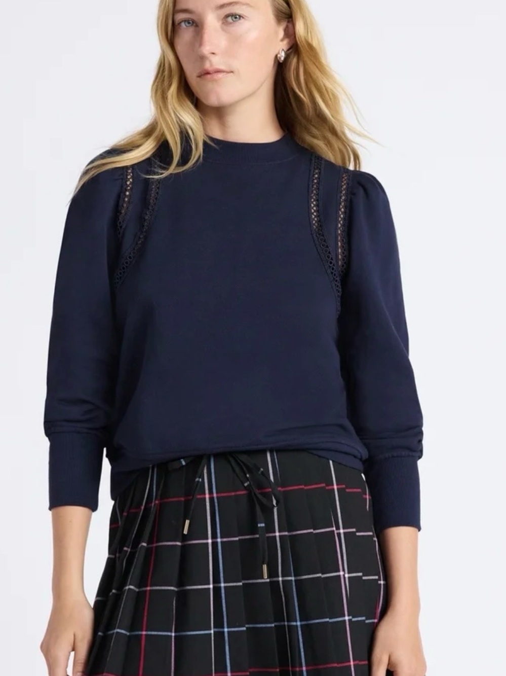 Women's Navy Crewneck Pullover Sweater with Lace Insets